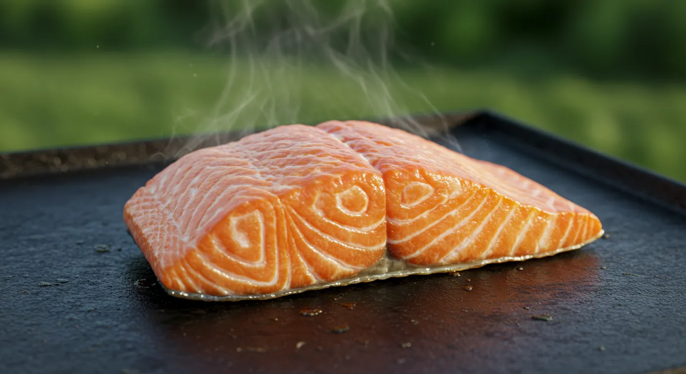 Salmon filet cooking on a blackstone griddle